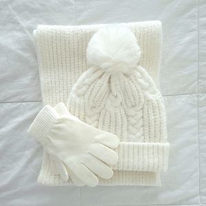 3pc Set, Cream White, Knitted, Wrap Scarf, Gloves and Pom Beanie